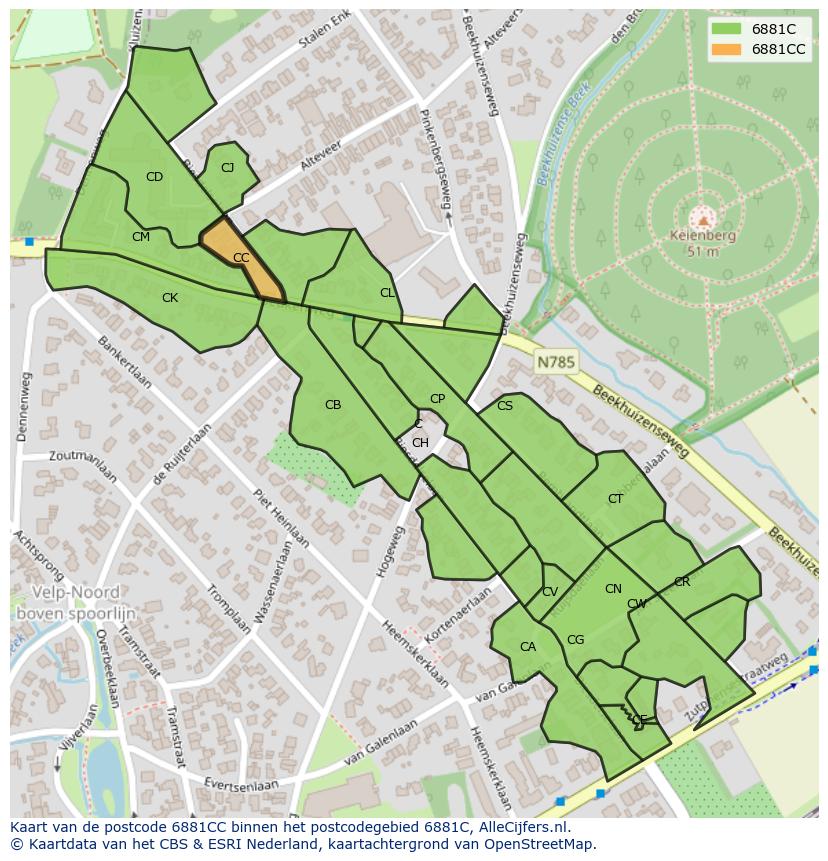 Afbeelding van het postcodegebied 6881 CC op de kaart.