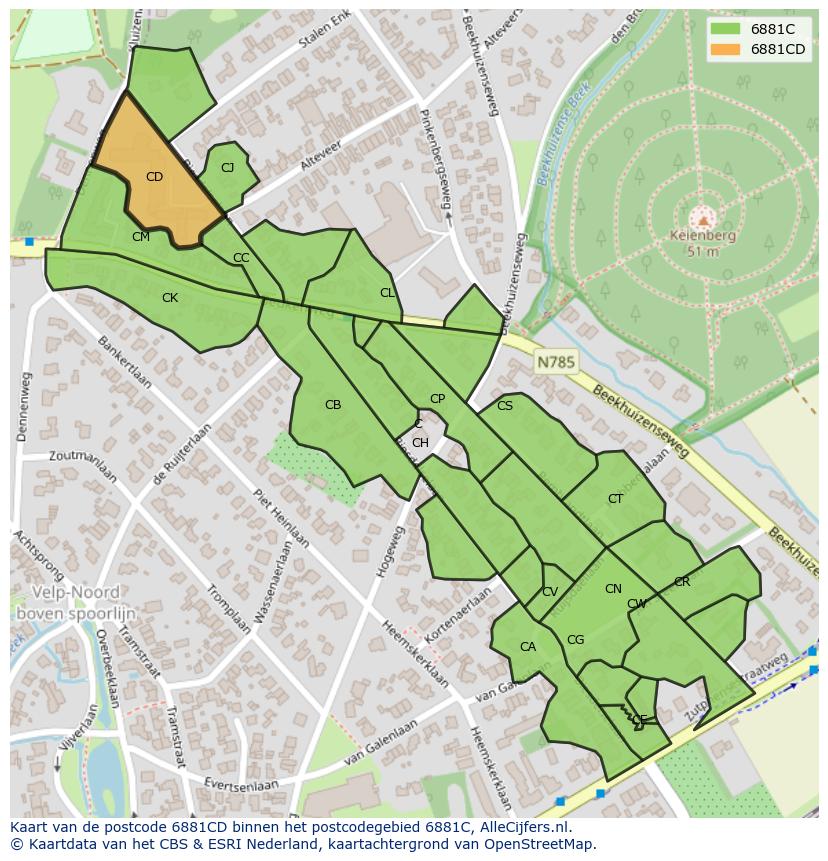 Afbeelding van het postcodegebied 6881 CD op de kaart.