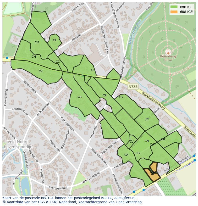 Afbeelding van het postcodegebied 6881 CE op de kaart.
