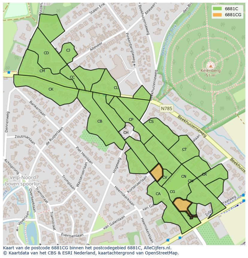 Afbeelding van het postcodegebied 6881 CG op de kaart.
