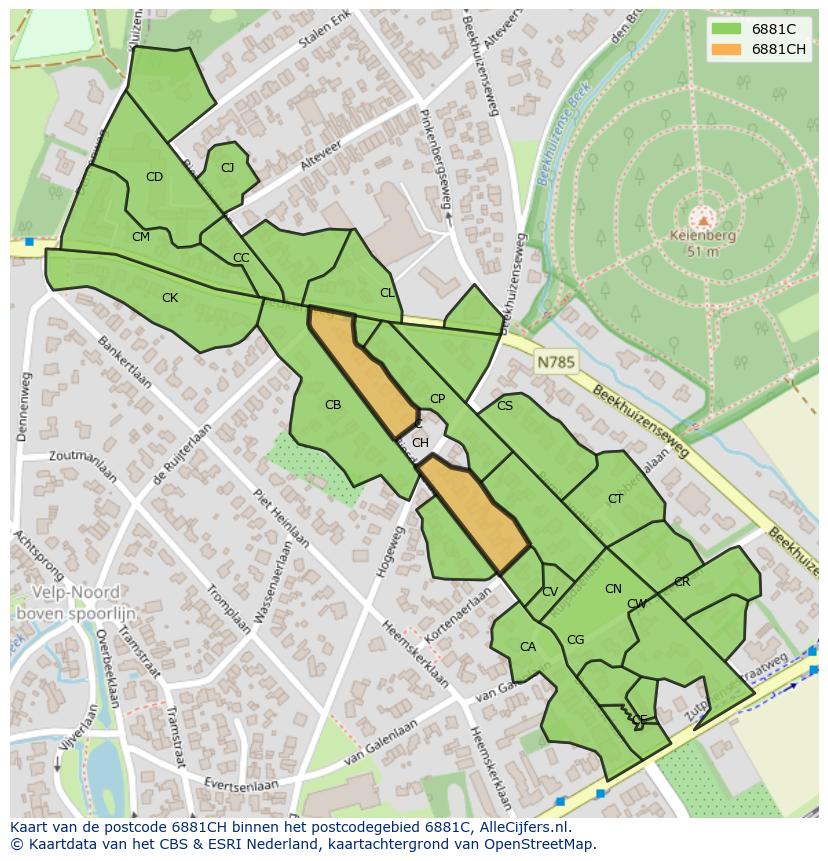 Afbeelding van het postcodegebied 6881 CH op de kaart.
