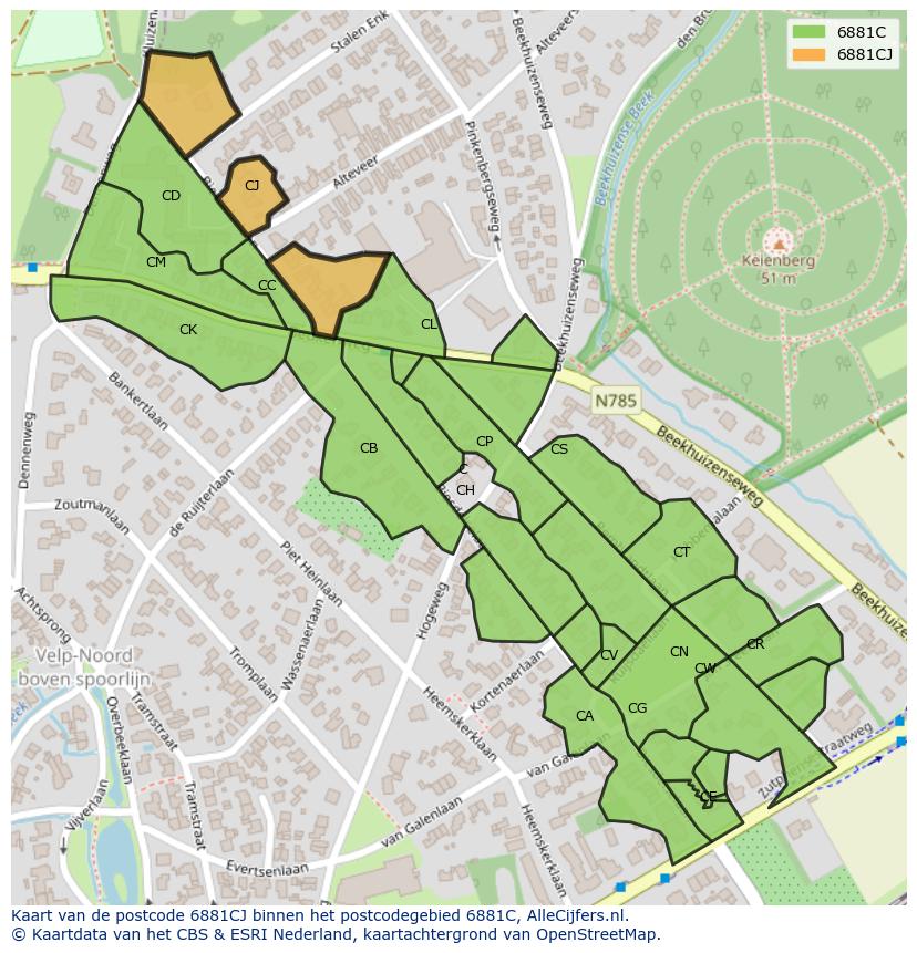 Afbeelding van het postcodegebied 6881 CJ op de kaart.