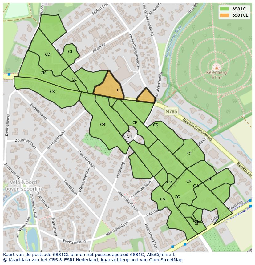 Afbeelding van het postcodegebied 6881 CL op de kaart.