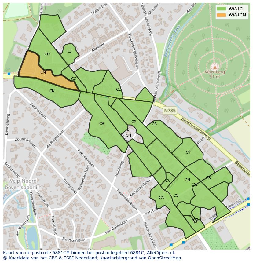 Afbeelding van het postcodegebied 6881 CM op de kaart.