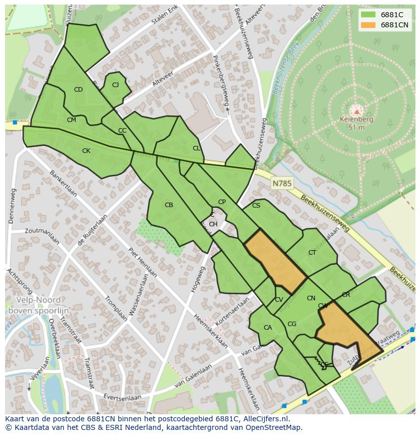Afbeelding van het postcodegebied 6881 CN op de kaart.