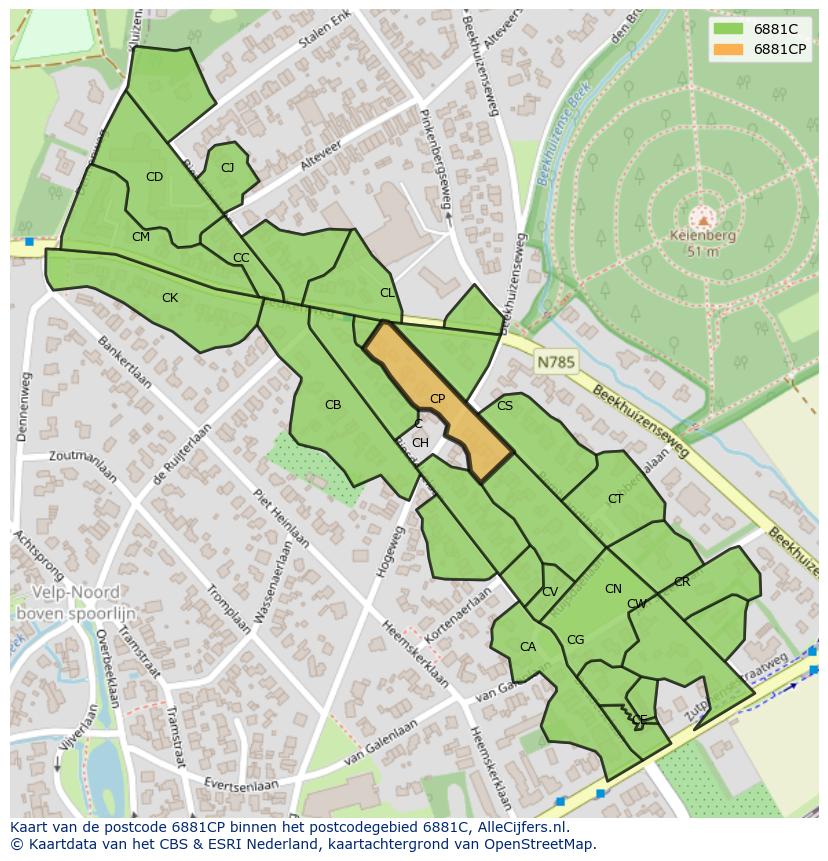 Afbeelding van het postcodegebied 6881 CP op de kaart.