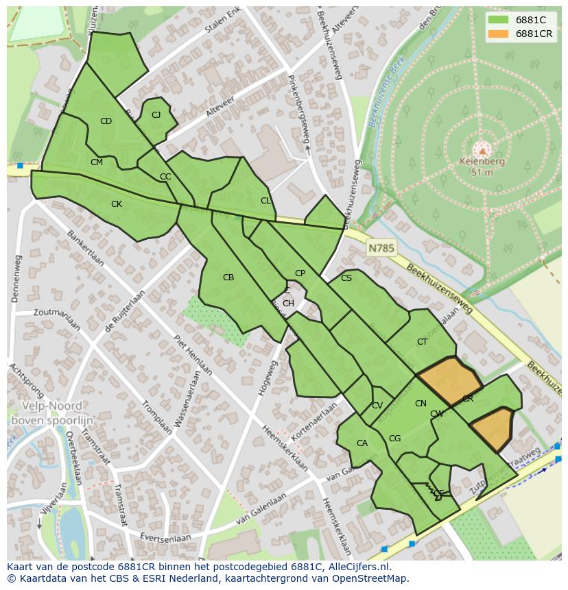 Afbeelding van het postcodegebied 6881 CR op de kaart.