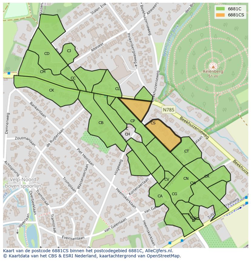 Afbeelding van het postcodegebied 6881 CS op de kaart.