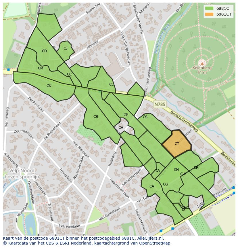 Afbeelding van het postcodegebied 6881 CT op de kaart.