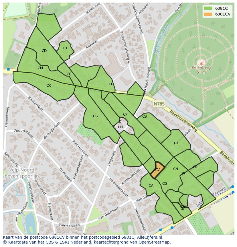 Afbeelding van het postcodegebied 6881 CV op de kaart.