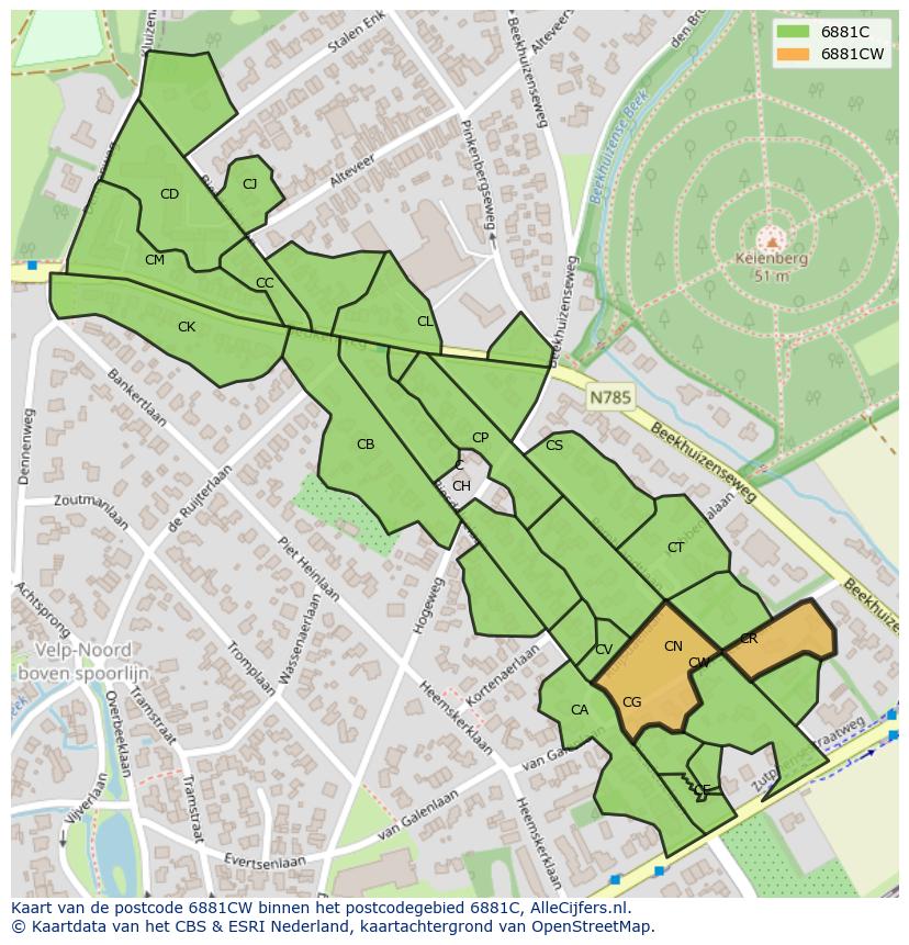 Afbeelding van het postcodegebied 6881 CW op de kaart.