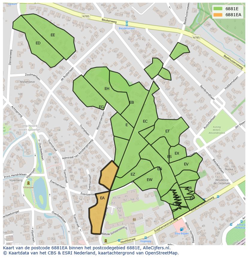 Afbeelding van het postcodegebied 6881 EA op de kaart.