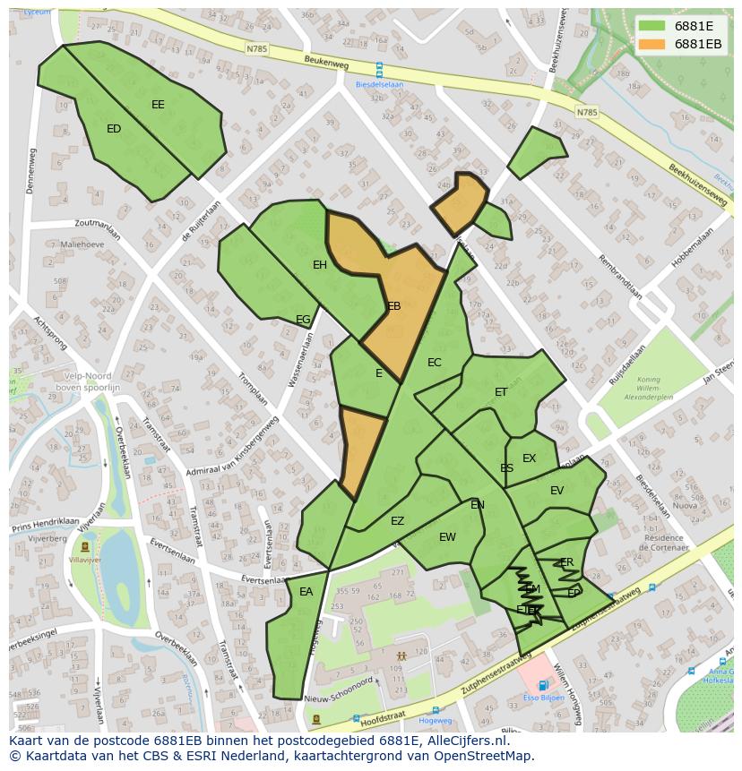 Afbeelding van het postcodegebied 6881 EB op de kaart.