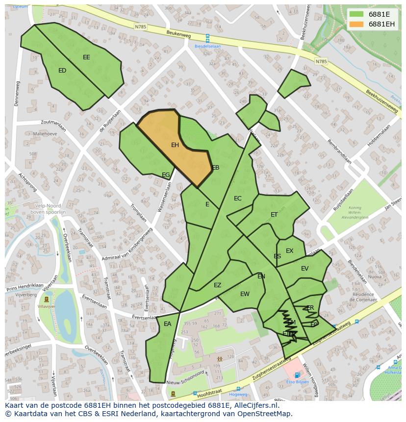 Afbeelding van het postcodegebied 6881 EH op de kaart.