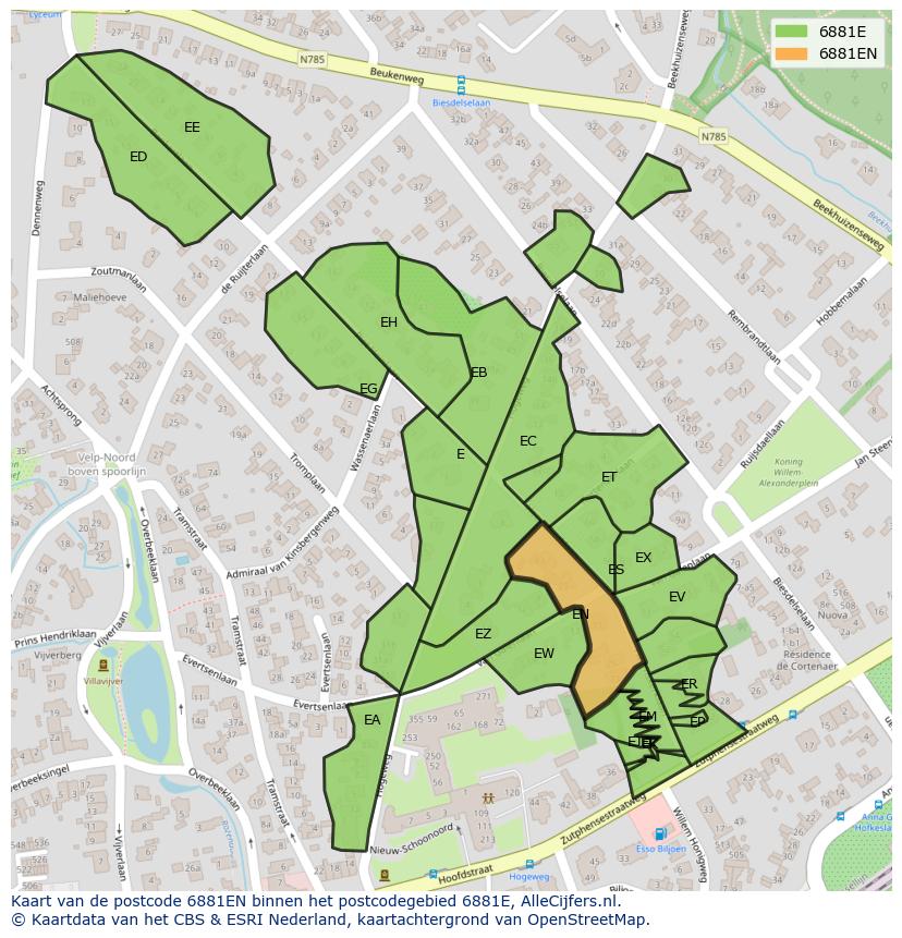Afbeelding van het postcodegebied 6881 EN op de kaart.