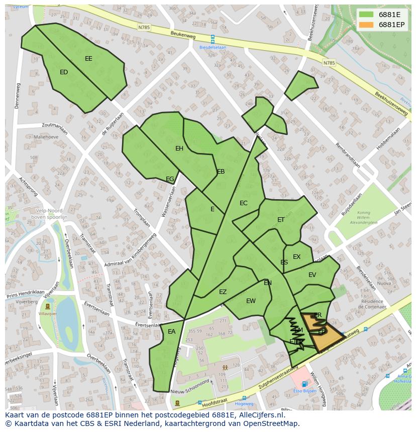 Afbeelding van het postcodegebied 6881 EP op de kaart.