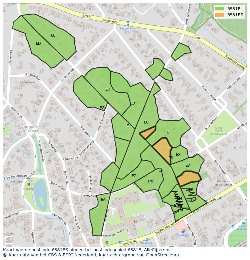 Afbeelding van het postcodegebied 6881 ES op de kaart.
