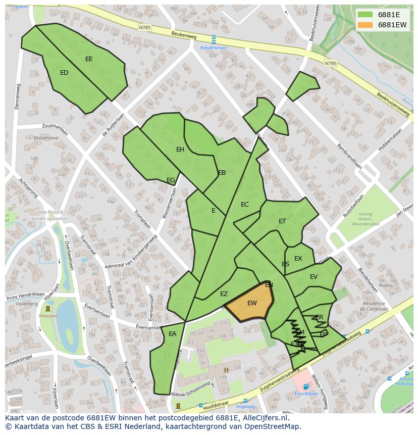 Afbeelding van het postcodegebied 6881 EW op de kaart.