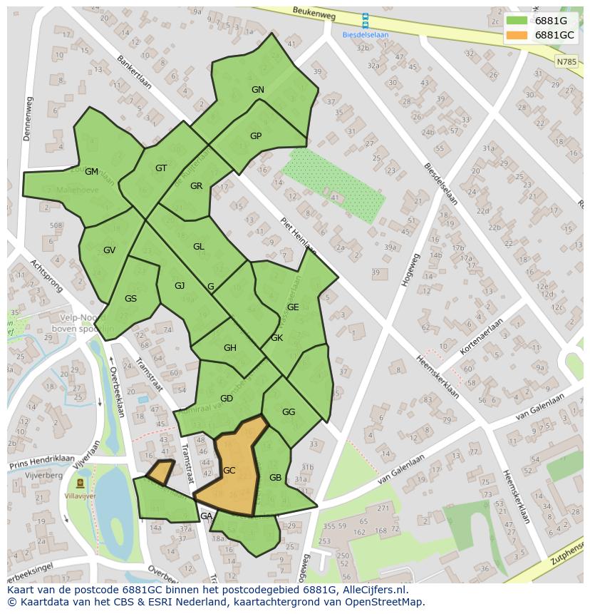 Afbeelding van het postcodegebied 6881 GC op de kaart.