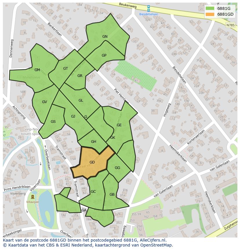Afbeelding van het postcodegebied 6881 GD op de kaart.