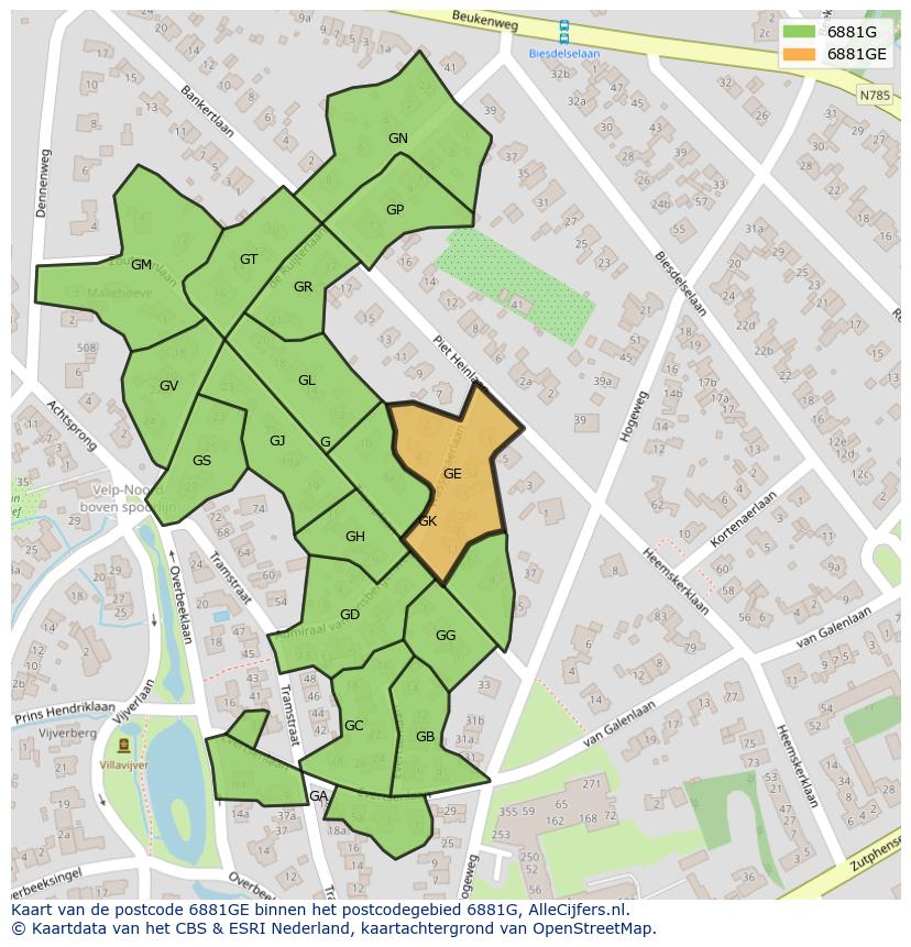Afbeelding van het postcodegebied 6881 GE op de kaart.