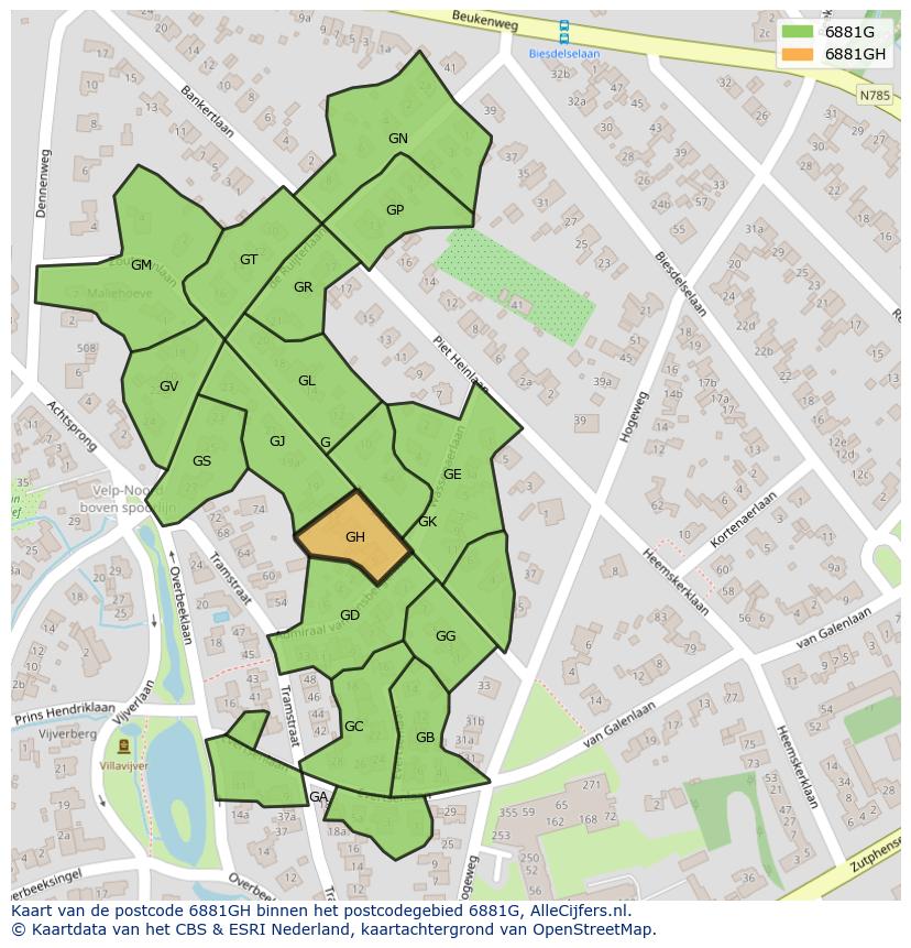 Afbeelding van het postcodegebied 6881 GH op de kaart.