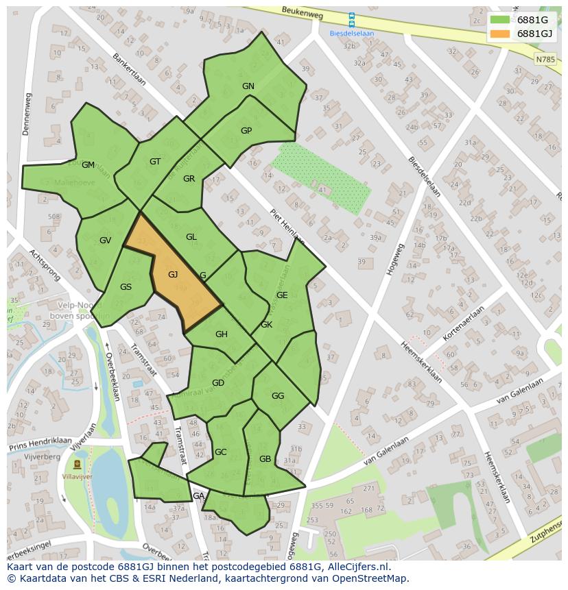 Afbeelding van het postcodegebied 6881 GJ op de kaart.