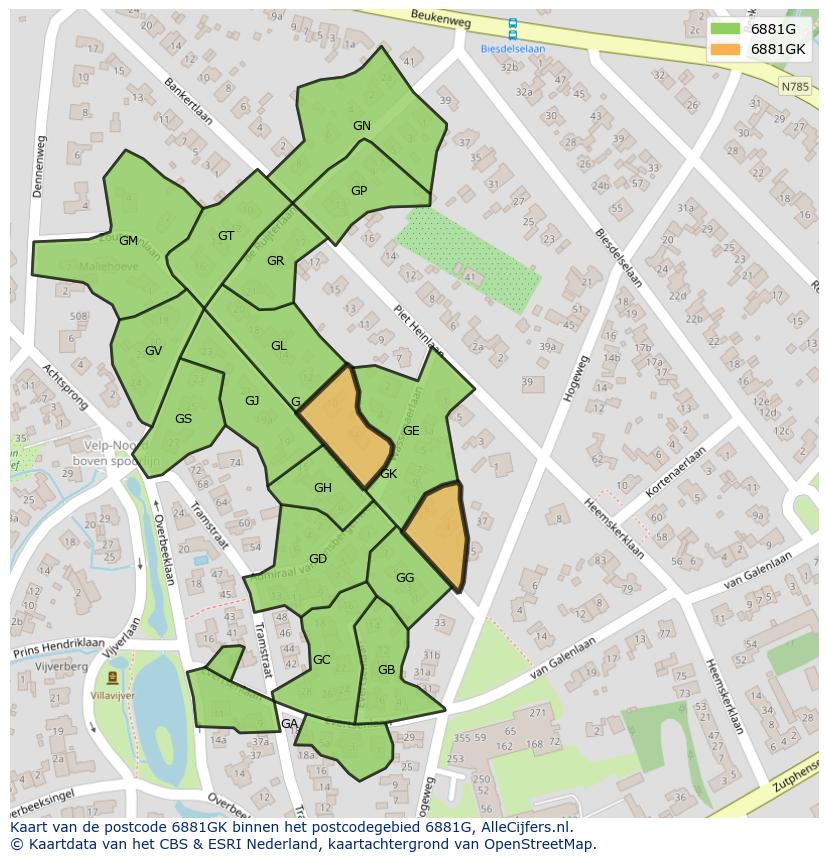 Afbeelding van het postcodegebied 6881 GK op de kaart.