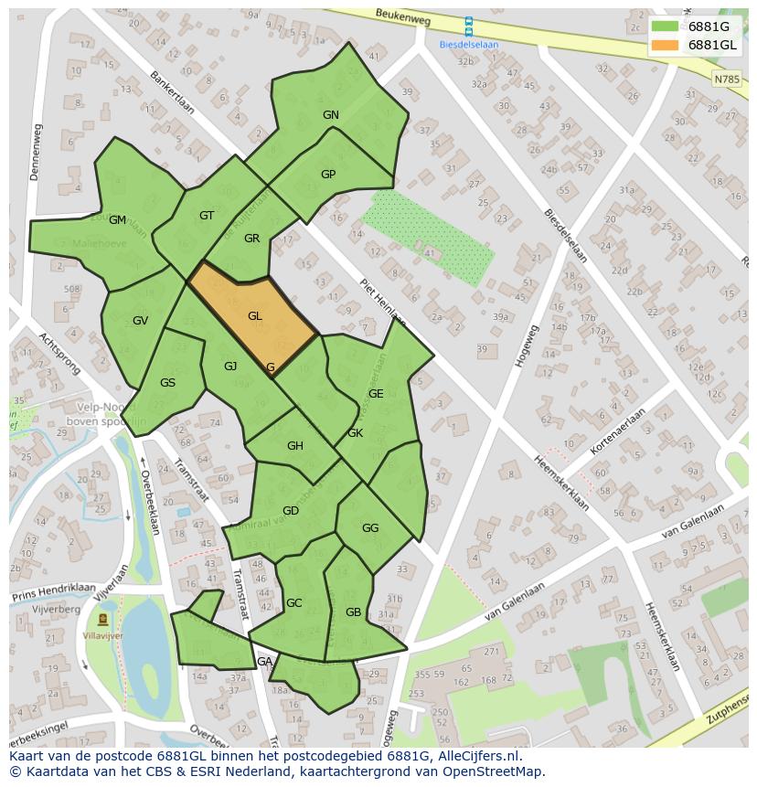Afbeelding van het postcodegebied 6881 GL op de kaart.