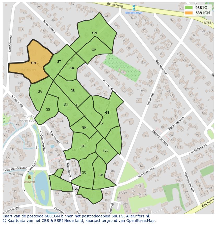 Afbeelding van het postcodegebied 6881 GM op de kaart.