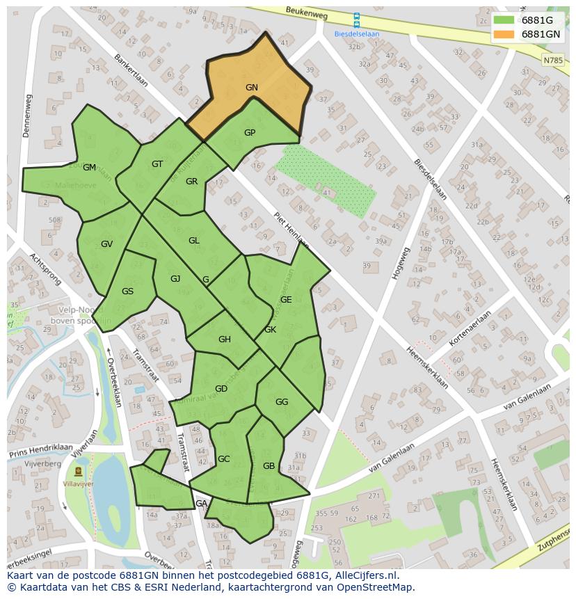 Afbeelding van het postcodegebied 6881 GN op de kaart.