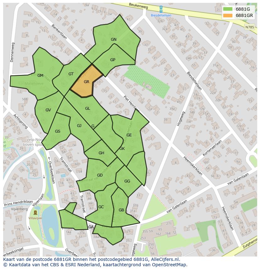 Afbeelding van het postcodegebied 6881 GR op de kaart.