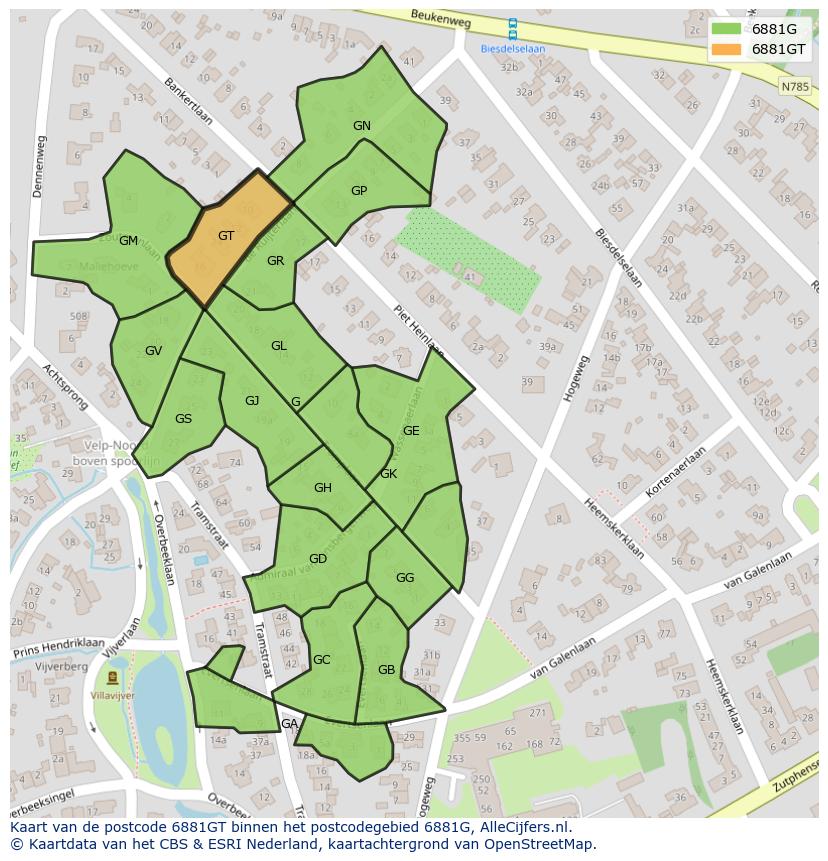 Afbeelding van het postcodegebied 6881 GT op de kaart.