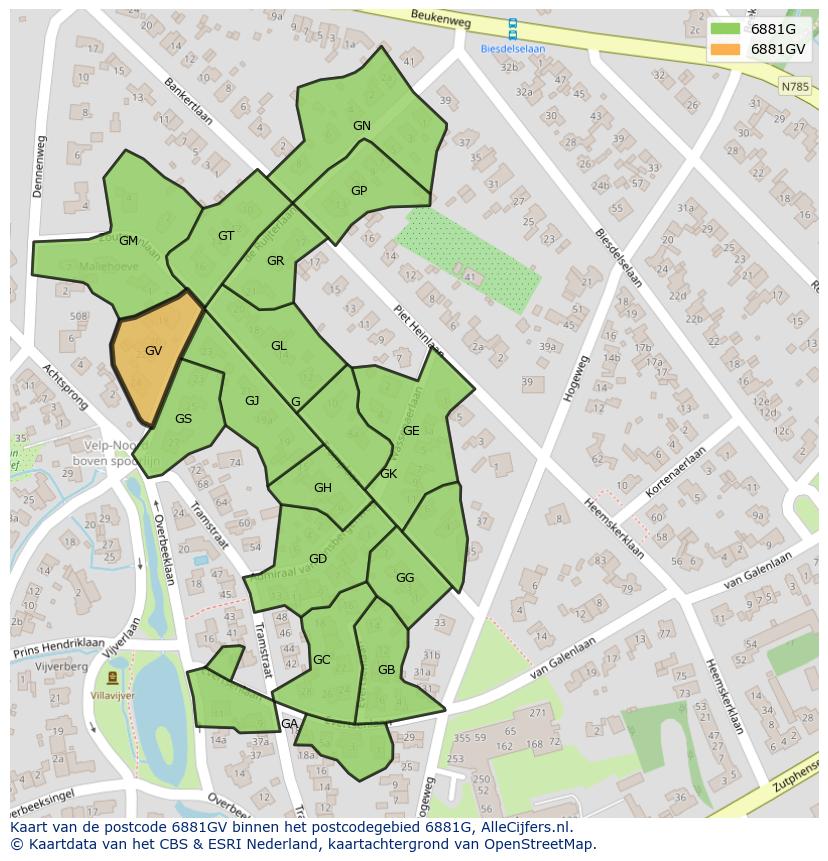Afbeelding van het postcodegebied 6881 GV op de kaart.