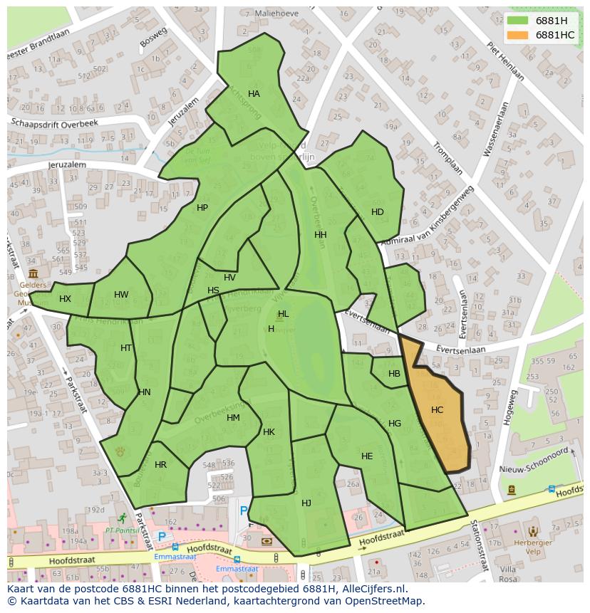 Afbeelding van het postcodegebied 6881 HC op de kaart.
