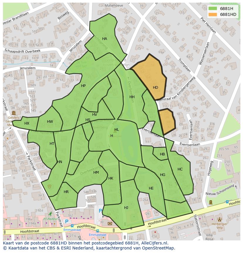 Afbeelding van het postcodegebied 6881 HD op de kaart.