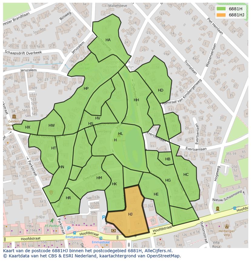 Afbeelding van het postcodegebied 6881 HJ op de kaart.