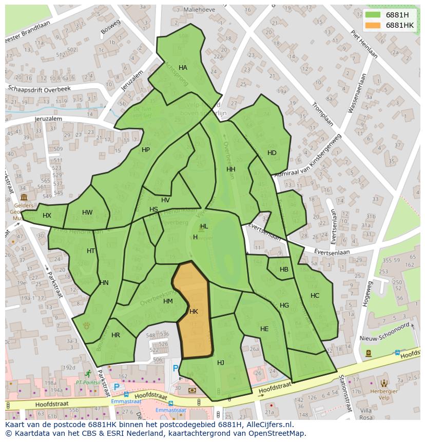 Afbeelding van het postcodegebied 6881 HK op de kaart.