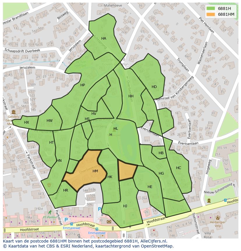 Afbeelding van het postcodegebied 6881 HM op de kaart.