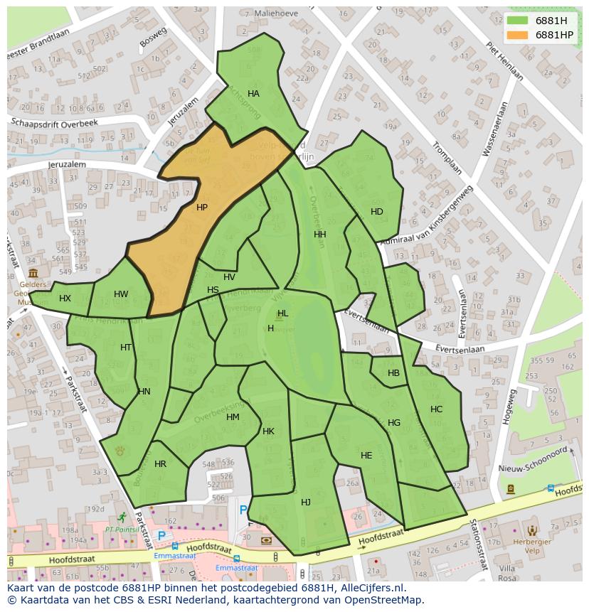 Afbeelding van het postcodegebied 6881 HP op de kaart.