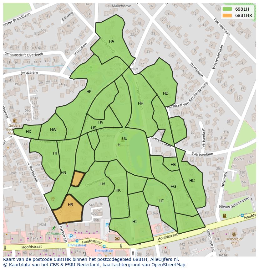 Afbeelding van het postcodegebied 6881 HR op de kaart.