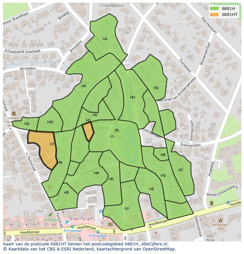 Afbeelding van het postcodegebied 6881 HT op de kaart.