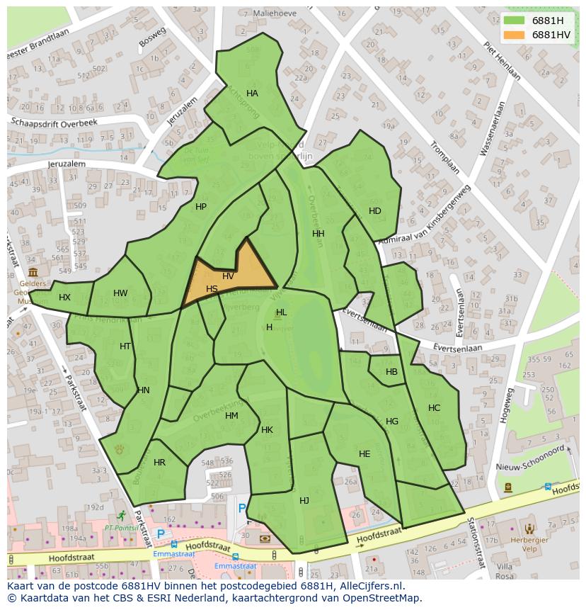 Afbeelding van het postcodegebied 6881 HV op de kaart.
