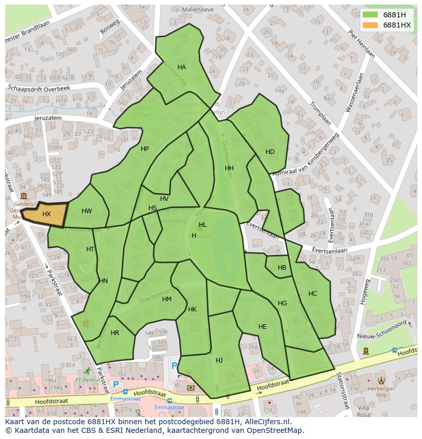 Afbeelding van het postcodegebied 6881 HX op de kaart.