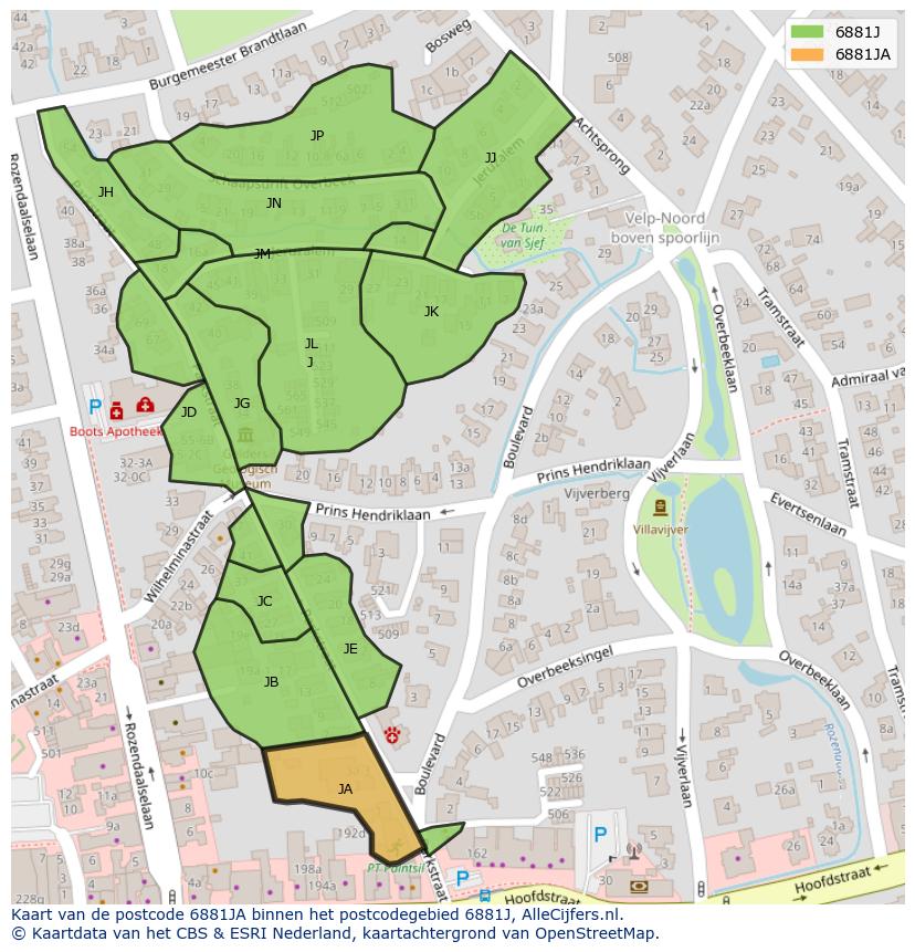 Afbeelding van het postcodegebied 6881 JA op de kaart.