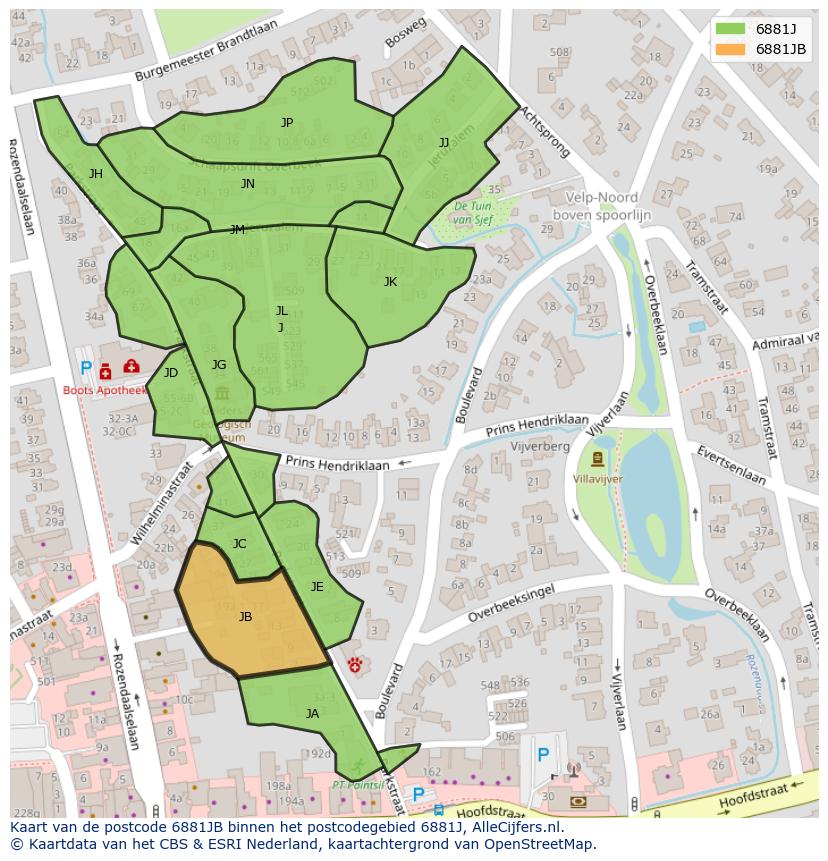 Afbeelding van het postcodegebied 6881 JB op de kaart.