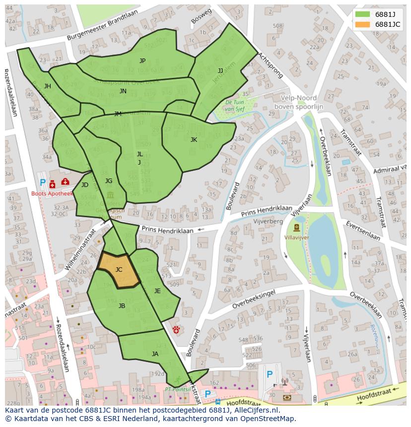 Afbeelding van het postcodegebied 6881 JC op de kaart.