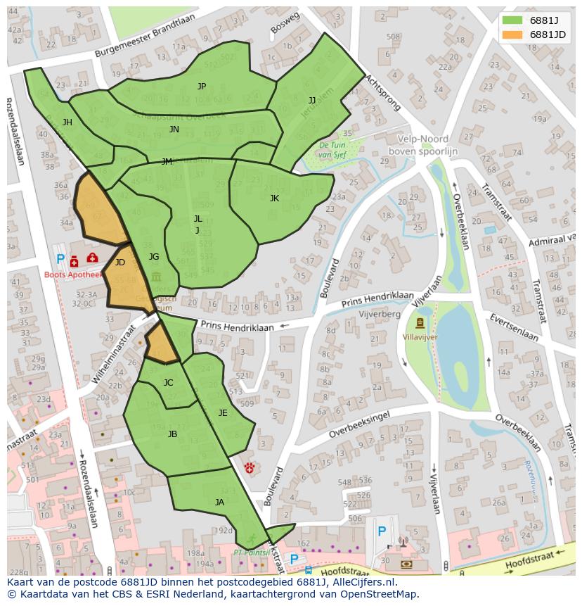 Afbeelding van het postcodegebied 6881 JD op de kaart.
