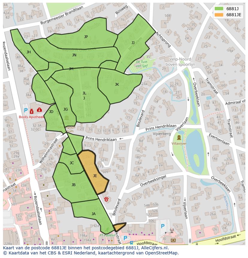 Afbeelding van het postcodegebied 6881 JE op de kaart.