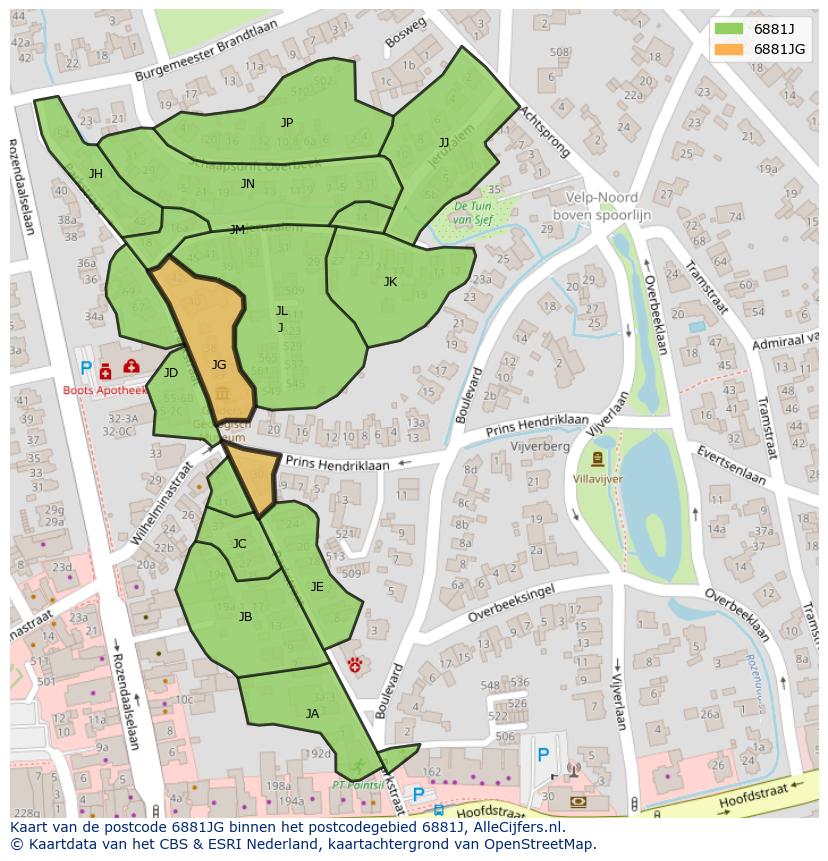 Afbeelding van het postcodegebied 6881 JG op de kaart.